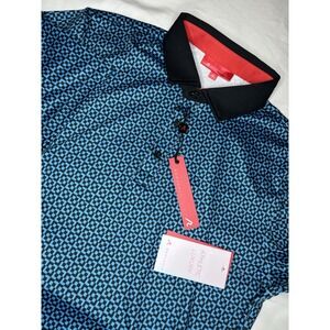 Redvanly Men's MEDIUM Golf Performance Geometric Print Blue Blake Polo Shirt NWT